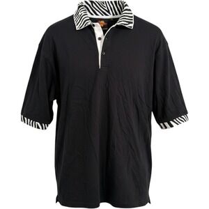 Safari Polo Shirt Mens M Black Zebra Print Collar Cotton South Africa Vintage